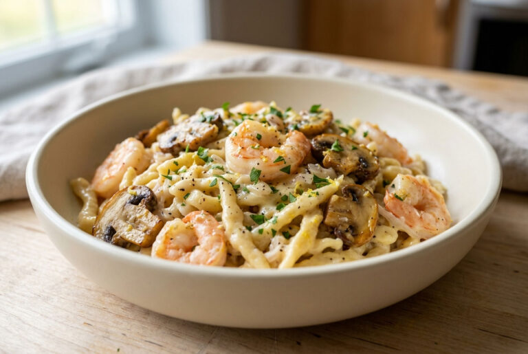 Spätzle aux crevettes, aux champignons et à la crème de citron