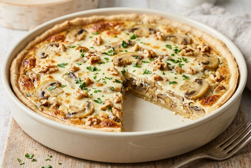 Tarte salée au chaource, aux champignons et aux noix