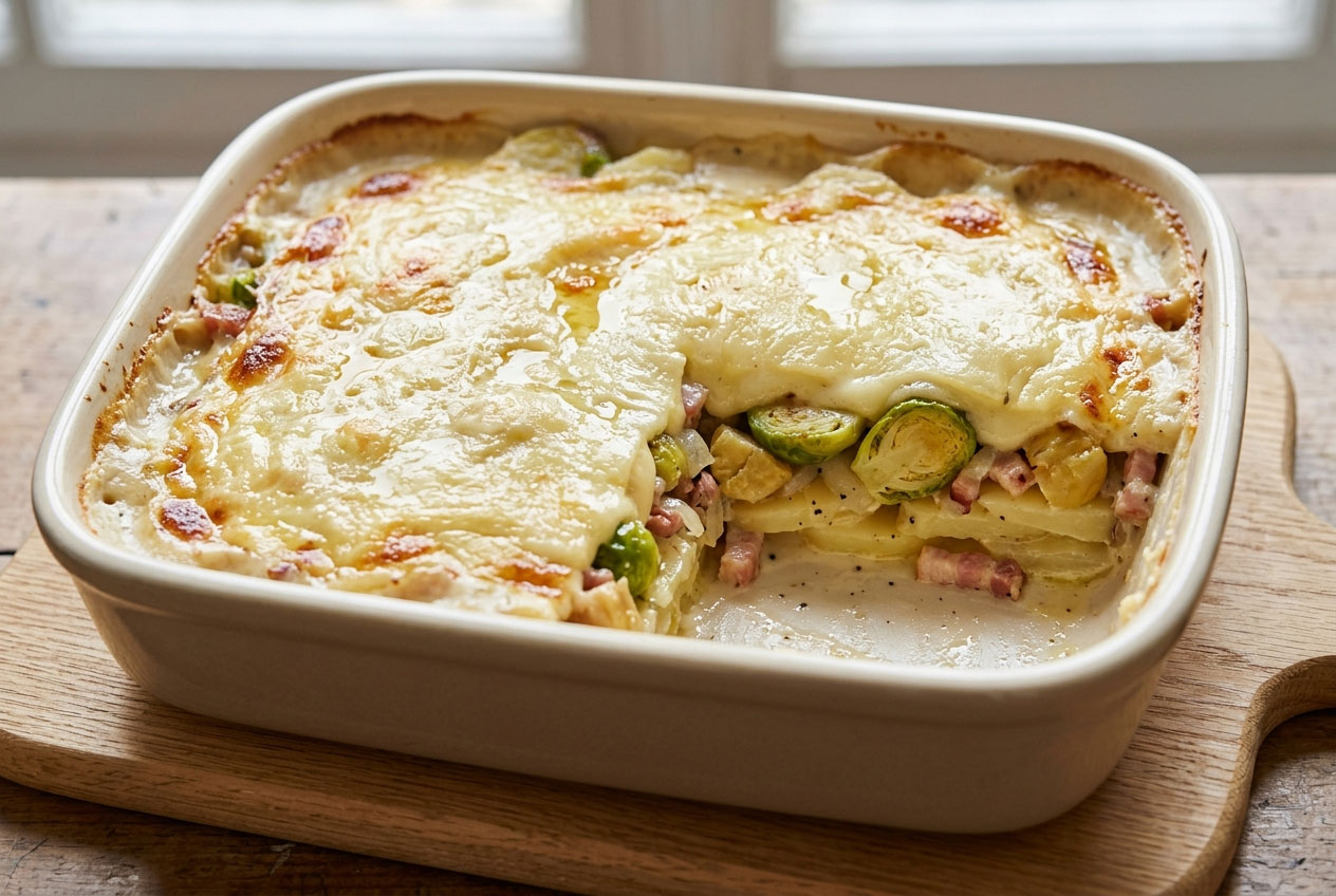 Tartiflette aux choux de Bruxelles, aux châtaignes et au reblochon
