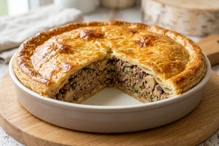 Tourte au porc haché, aux châtaignes et aux champignons