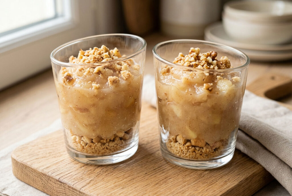 Verrines de compote de pommes aux miettes de biscuit et aux noix